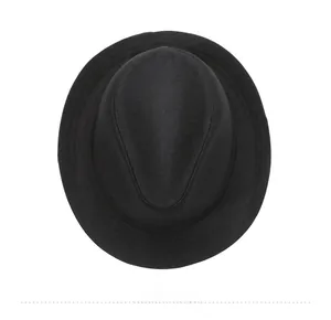 Top view of classic herringbone fedora hat with teardrop crown and fine woven texture