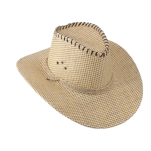 Detail of hand-woven straw cowboy hat with rustic rope band and metal ventilation eyelet