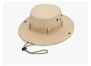 Detail view of khaki sun hat featuring breathable metal eyelets and adjustable wind cord