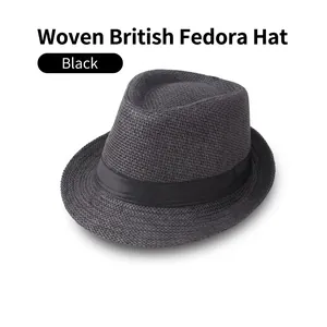 Close-up of the breathable black woven texture and satin band on this classic fedora hat