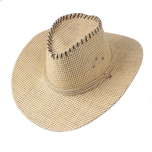Breathable woven straw western cowboy hat for men with ventilation holes and rustic cords