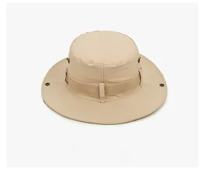 Back view of a khaki wide brim outdoor sun hat with ventilation holes and reinforced stitching