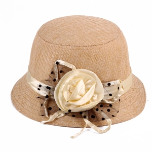 Women's linen cloche hat in khaki with cream floral ribbon and polka dot mesh detail