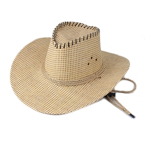 Detail of hand-woven western straw hat with black stitching and adjustable wind rope