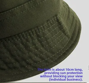 Detailed close-up of 10cm wide brim on military green cotton sun hat with reinforced stitching