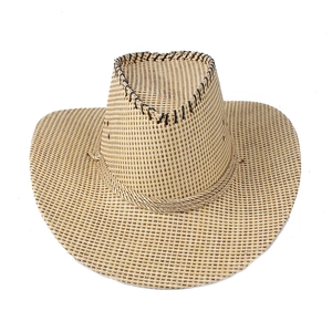Breathable western straw cowboy hat with black trim and braided rope in natural beige color