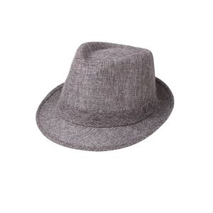 Breathable linen jazz fedora hat in brownish-grey woven texture for elderly men