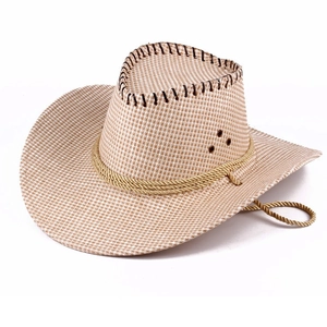 Classic straw western cowboy hat with breathable weave, gold rope trim, and chin strap