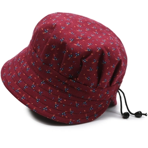 Foldable wine red floral bucket hat for women with adjustable drawstring and cotton fabric