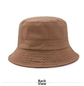 Detailed back view of a brown cotton bucket hat with reinforced multi-row stitching