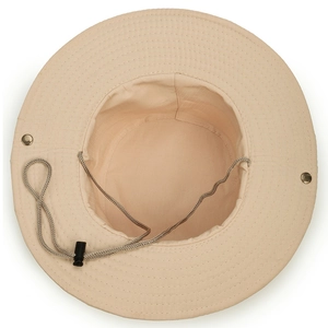 Wide brim beige outdoor sun hat for men with adjustable windproof cord inside view