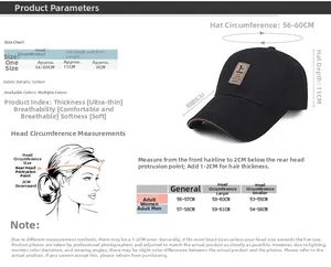 Size chart showing 56-60cm circumference and 8cm long brim for the cotton baseball cap
