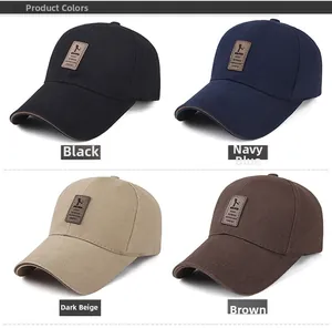 Detailed view of four cotton baseball caps in black, navy, beige and brown with leather patch