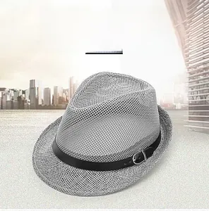 Detail of grey mesh fedora hat featuring breathable weave and black buckle band