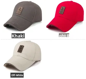 Three men's cotton baseball caps in khaki, red and off-white with EDIKO leather patch