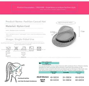 Size chart for summer straw fedora hat with dimensions and head circumference guide