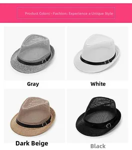 Detail view of summer fedora hats in grey, white, beige and black with mesh texture