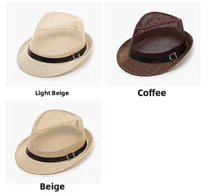 Detailed display of breathable straw fedora hats in light beige, coffee, and beige colors
