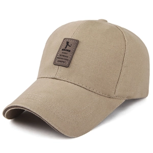 Detail of khaki cotton twill baseball cap with decorative brown leather patch