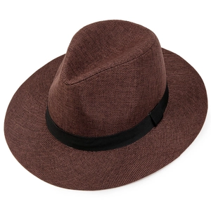 Classic brown woven fedora hat for men featuring a black decorative band and flat brim