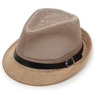 Classic khaki straw fedora hat with breathable weave and black band with silver buckle