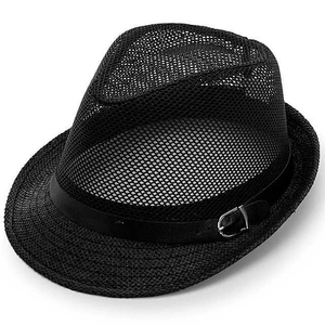 Classic black breathable mesh fedora hat with a stylish leather band and metal buckle detail