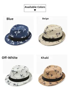 Vue en grille de chapeaux de paille en bleu, beige et kaki avec motifs de palmiers
