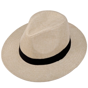 Beige woven fedora hat for men with black ribbon trim and flat brim for sun protection