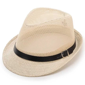 Classic straw jazz hat in beige with black decorative band and metal buckle detail