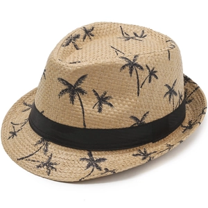 Chapeau de paille classique avec imprimés palmiers noirs et ruban élégant pour l'été
