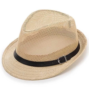 Close-up of summer straw fedora featuring breathable weave and black band with metal buckle