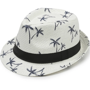 Chapeau fedora en paille blanc pour hommes avec motifs palmiers et ruban noir
