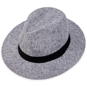 Men's grey linen fedora hat with black band, stylish 45-degree angle sun protection view
