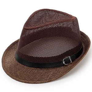 Detail of summer straw jazz hat with breathable mesh crown and brown brim buckle