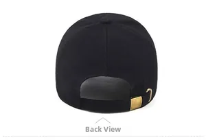 Detail view of cotton baseball cap back with adjustable brass metal buckle closure