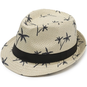 Chapeau de paille d'été avec imprimés palmiers noirs et ruban sur fond blanc pur
