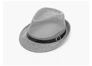Detail of grey summer fedora hat showing breathable mesh and black leather band buckle