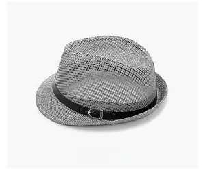 Side view of gray mesh jazz hat showing breathable texture and black leather belt buckle