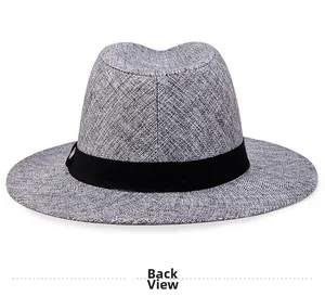 Detailed back view of a grey linen fedora hat featuring a classic black decorative band