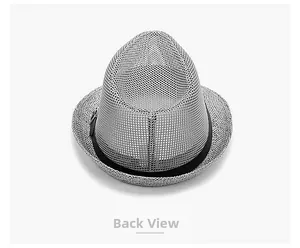 Back view of a breathable gray mesh fedora hat with a black decorative band