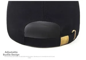 Detail of black cotton cap with adjustable antique bronze metal buckle for custom fit