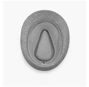 Interior detail of a breathable grey straw fedora hat showing inner sweatband and mesh