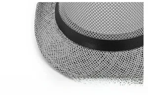 Close-up of grey straw fedora hat featuring breathable mesh weave and black silk band