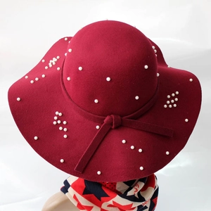 Chapeau de Laine à Bord Large pour Femmes Décoration de Künstliche Perles Élégante Fedora Rétro Automne Hiver Mode Chapeau Soleil