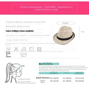 Sizing chart for summer straw fedora hat featuring head measurements and dimensions