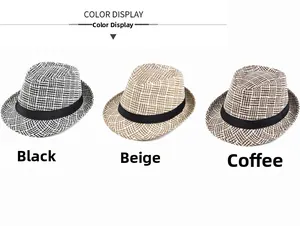Detailed color display of straw fedora hats in black, beige and coffee plaid patterns