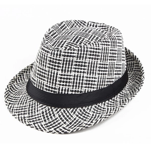 Classic black and white checkered summer straw fedora hat with elegant black ribbon band