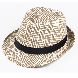 Classic summer straw fedora with brown and white geometric weave and black decorative band