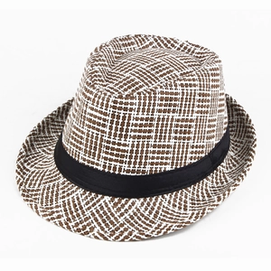 Classic summer fedora straw hat with brown checkered pattern and black ribbon band