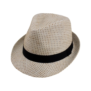 Detail of summer straw fedora hat featuring a woven texture and black grosgrain ribbon trim